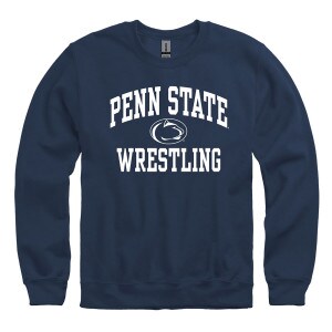 navy crew neck sweatshirt with Penn State arched above Athletic Logo and Wrestling